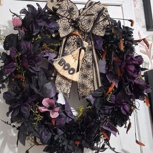 Halloween Wreath with Purple and Black Flowers